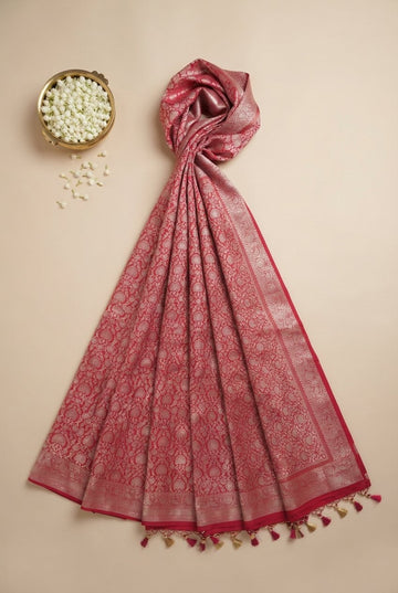 Crimson Red Banarasi Katan Silk Saree With Intricate Silver Zari Jaal
