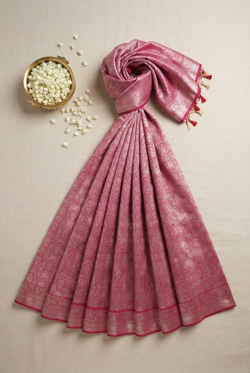 Rose Pink Banarasi Silk Saree With Intricate Silver Zari Floral Jaal