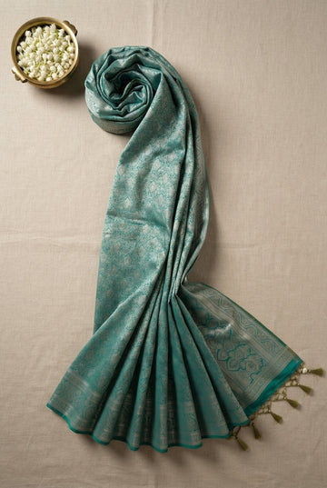 Premium Teal Green Banarasi Silk Saree With Elegant Silver Zari Brocade