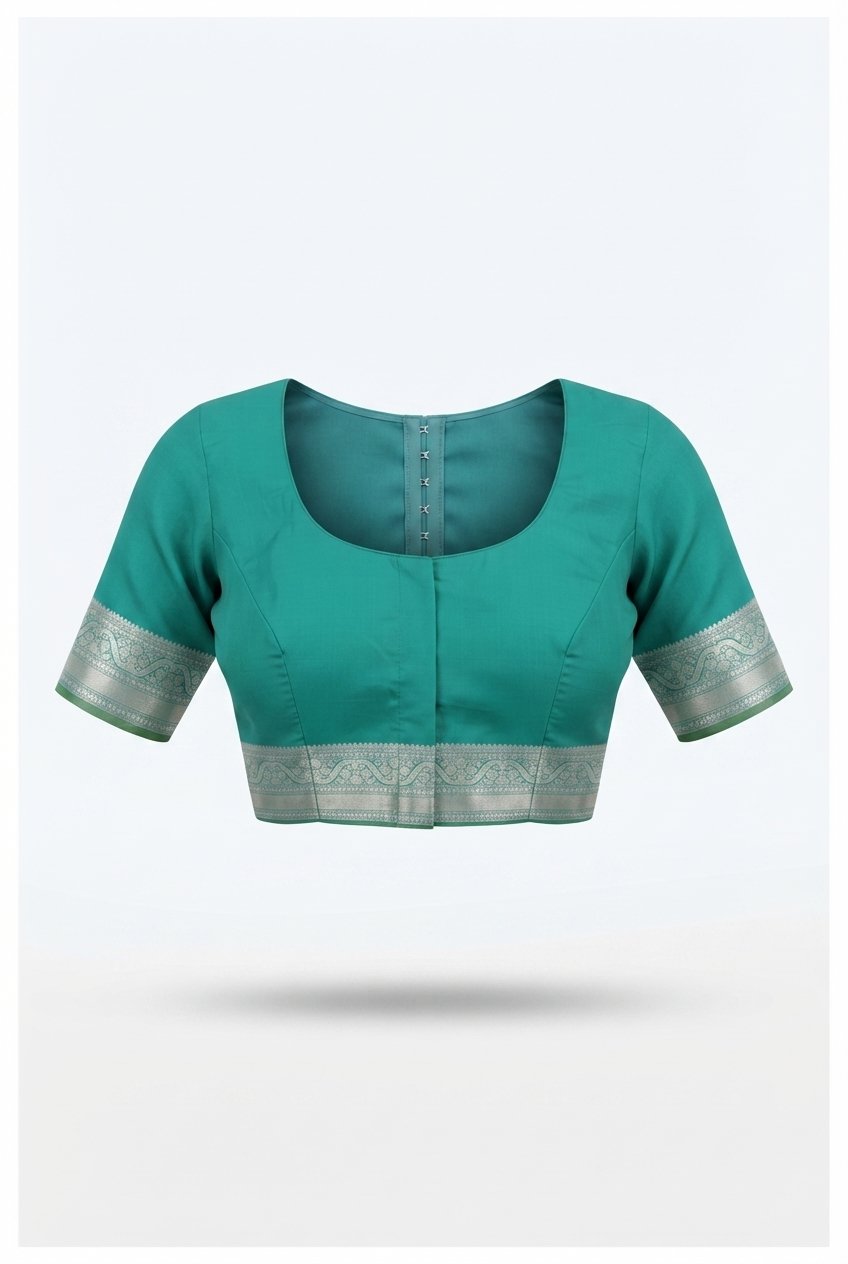Premium Teal Green Banarasi Silk Saree With Elegant Silver Zari Brocade