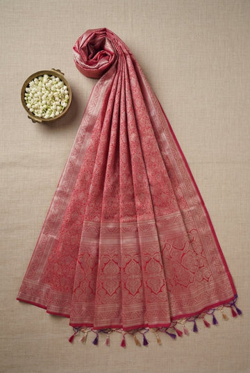 Rose Pink Banarasi Silk Saree With Intricate Zari Jaal And Tassels