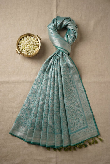 Elegant Sea Green Banarasi Silk Saree With Silver Zari Jaal