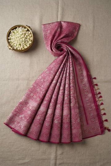 Elegant Rani Pink Banarasi Katan Silk Saree With Silver Zari Floral Jaal