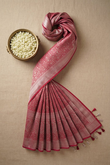 Rose Pink Banarasi Silk Saree With Intricate Silver Zari Jaal And Paisley Border
