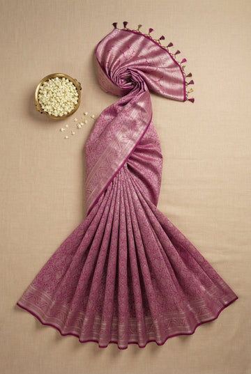 Orchid Mauve Banarasi Silk Saree With Intricate Silver Zari Jaal