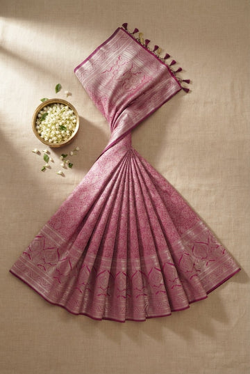 Elegant Mauve Pink Banarasi Silk Saree With Intricate Silver Zari Weaving