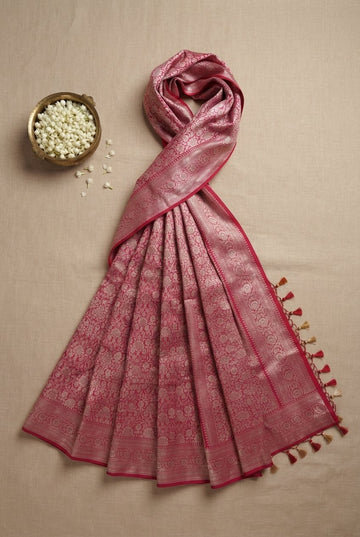Fuchsia Pink Banarasi Silk Saree With Elegant Silver Zari Floral Jaal