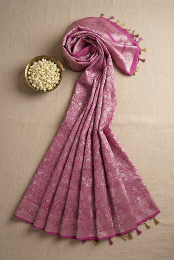 Orchid Pink Banarasi Silk Saree With Intricate Silver Zari Jaal