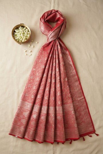 Crimson Red Banarasi Silk Saree With Intricate Silver Zari Brocade
