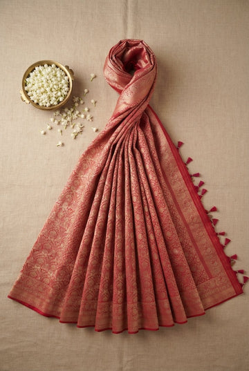 Regal Crimson Red Banarasi Silk Saree With Antique Gold Zari Floral Brocade
