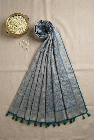 Elegant Steel Blue Banarasi Silk Saree With Silver Zari Jaal
