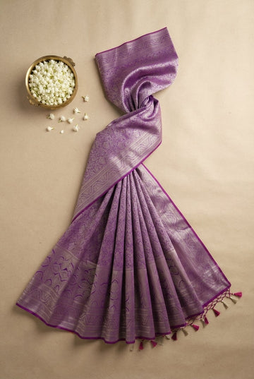 Elegant Lavender Kanchipuram Silk Saree With Antique Silver Zari Border