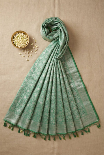 Elegant Mint Green Banarasi Silk Saree With Silver Zari Jaal