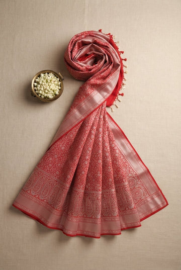 Regal Crimson Red Banarasi Silk Saree With Intricate Silver Zari Floral Jaal