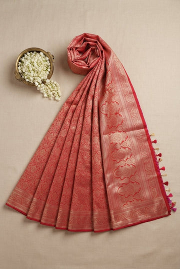 Crimson Red Handloom Banarasi Silk Saree With Ornate Gold Zari Brocade