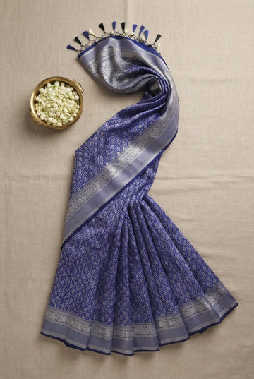 Royal Indigo Blue Banarasi Silk Saree With Intricate Silver Zari Weave