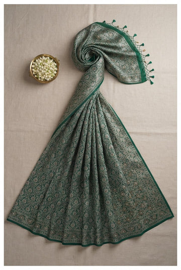 Emerald Green Handwoven Banarasi Silk Saree With Silver Zari Floral Jaal