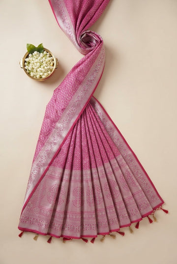 Elegant Fuchsia Pink Banarasi Silk Saree With Intricate Silver Zari Weaving