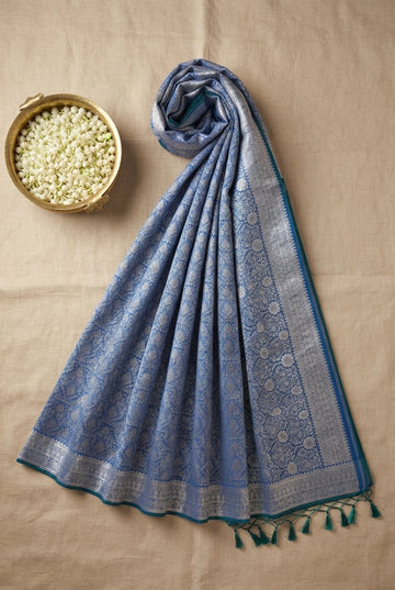 Periwinkle Blue Banarasi Katan Silk Saree With Silver Zari Jaal