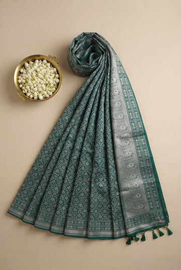Teal Green Banarasi Silk Saree With Elegant Silver Zari Floral Jaal