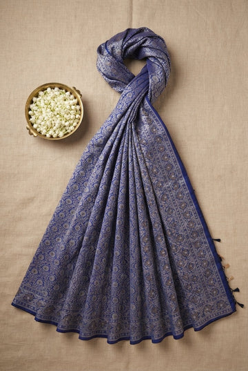 Royal Blue Banarasi Silk Saree With Intricate Silver Floral Jaal
