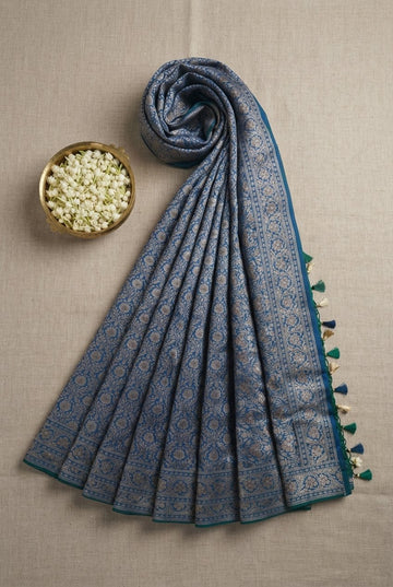 Elegant Teal Blue Banarasi Katan Silk Saree With Antique Silver Zari Weave
