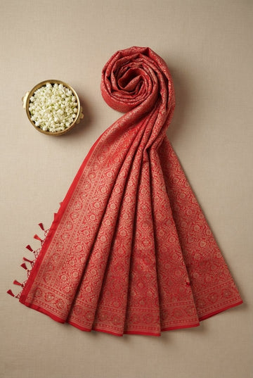 Scarlet Red Banarasi Silk Saree With Ornate Gold Zari Brocade And Tassels