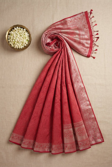 Crimson Red Banarasi Silk Saree With Elegant Silver Zari Border
