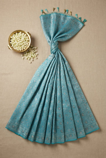 Turquoise Blue Banarasi Silk Saree With Silver Zari Floral Weave