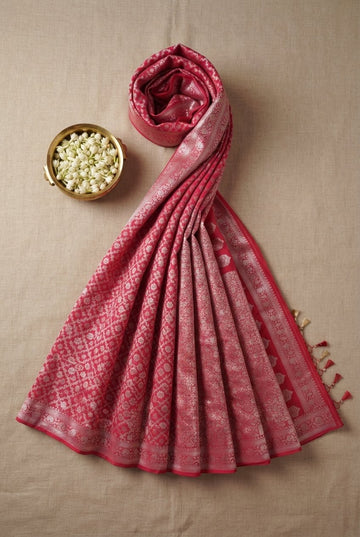 Rose Pink Banarasi Silk Saree With Intricate Silver Zari Floral Jaal And Tassel Border