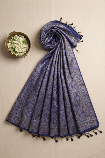Royal Blue Banarasi Silk Saree With Antique Silver Zari Floral Jaal