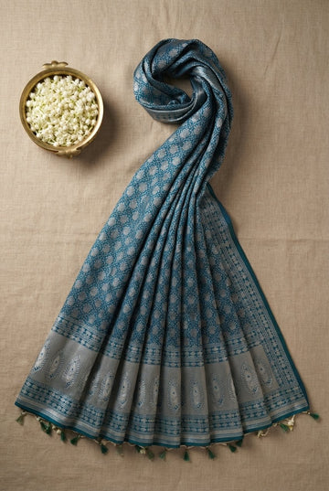 Elegant Teal Blue Banarasi Silk Saree With Silver Zari Floral Jaal