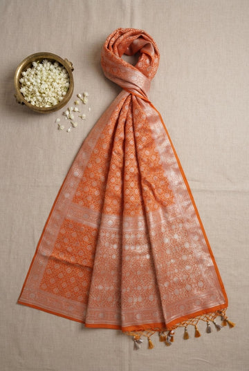 Tangerine Orange Banarasi Khaddi Georgette Saree With Silver Zari Weaving