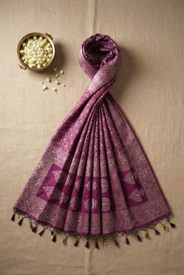 Handcrafted Plum Purple Banarasi Silk Saree With Elegant Silver Zari Weaving