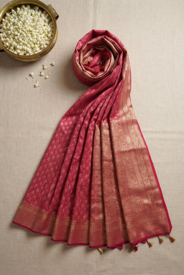 Elegant Magenta Pink Banarasi Silk Saree With Ornate Gold Zari Border