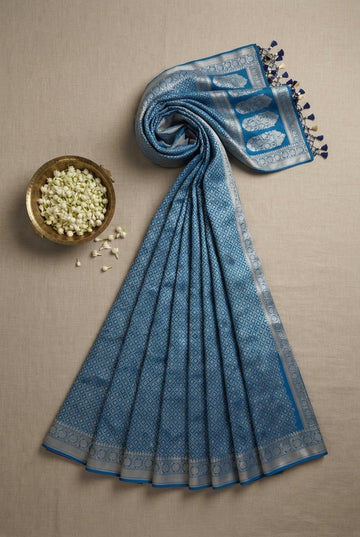 Royal Ocean Blue Banarasi Katan Silk Saree With Silver Zari Weave