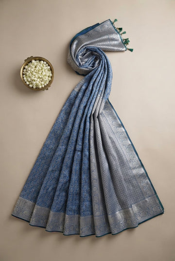 Royal Steel Blue Banarasi Silk Saree With Intricate Silver Zari Work