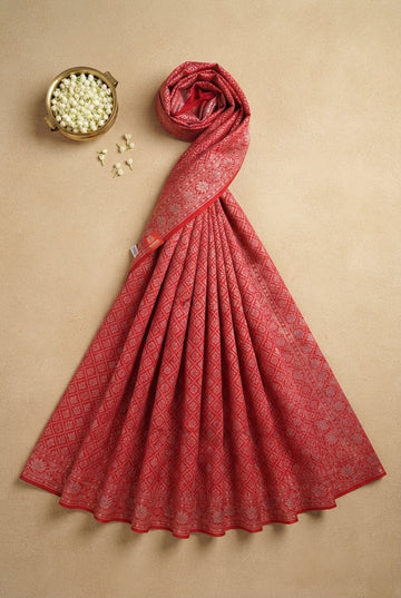 Crimson Red Banarasi Katan Silk Saree With All-Over Zari Jaal