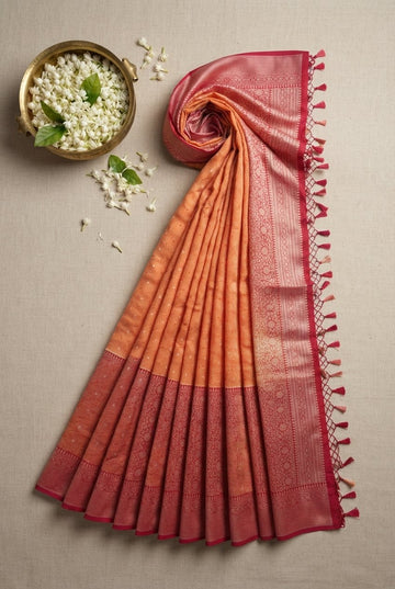 Peach And Magenta Handwoven Art Silk Banarasi Saree With Ornate Zari Border
