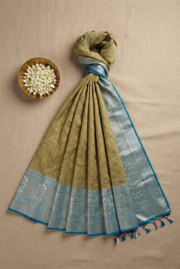Olive Green And Turquoise Blue Banarasi Silk Saree With Elegant Silver Zari Border
