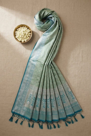 Mint Green And Teal Banarasi Silk Saree With Ornate Silver Zari Border