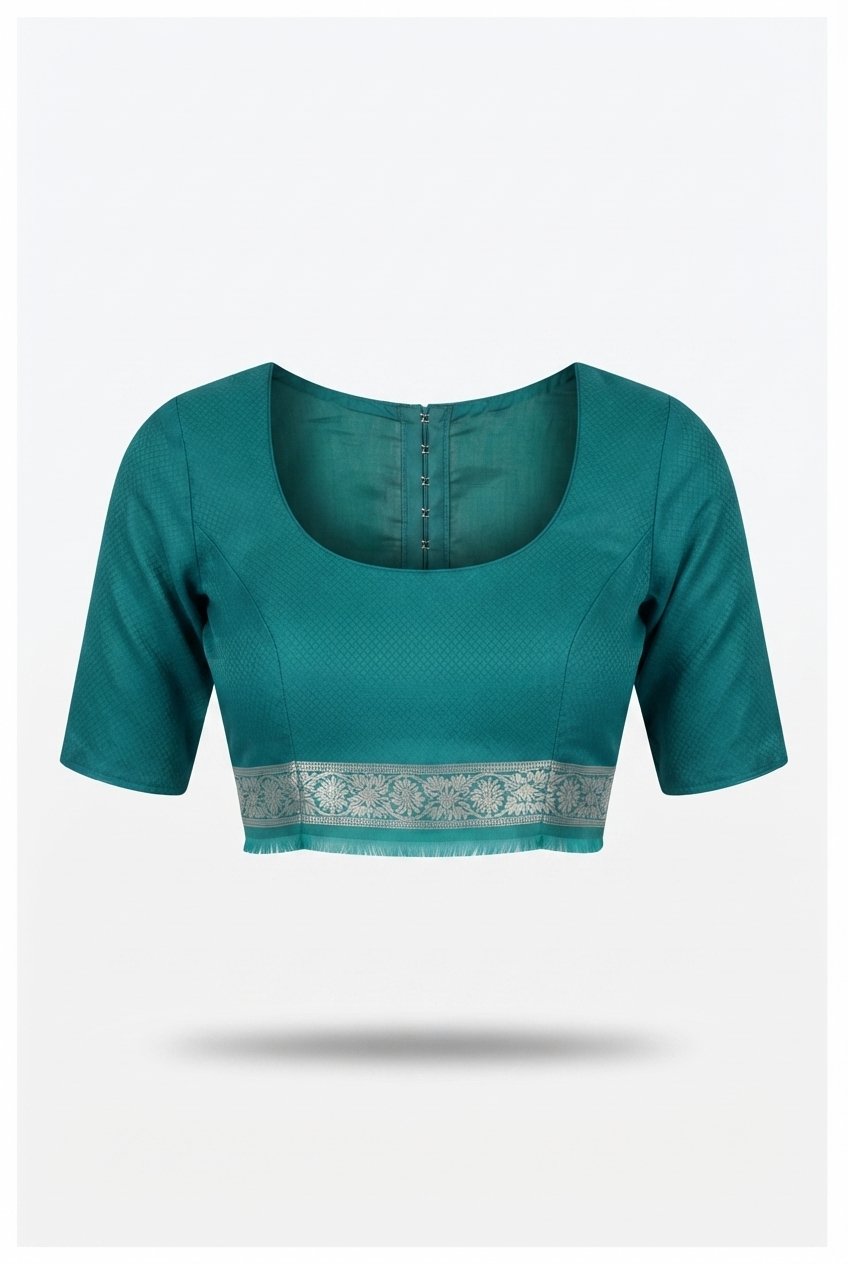 Mint Green And Teal Banarasi Silk Saree With Ornate Silver Zari Border