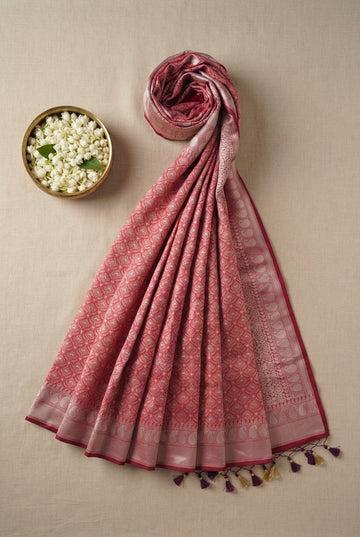 Crimson Red Handwoven Banarasi Silk Saree With Silver Zari Jaal