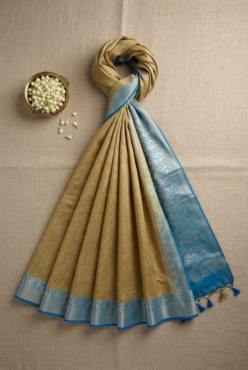 Elegant Mustard Gold And Sky Blue Silk Saree With Zari Border