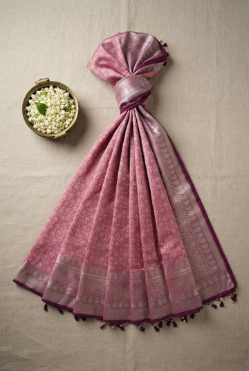 Elegant Dusty Rose Pink Banarasi Silk Saree With Silver Zari Border