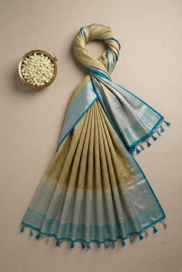 Elegant Olive Green And Turquoise Blue Banarasi Silk Saree With Intricate Silver Zari Border