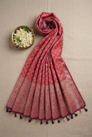 Elegant Raspberry Pink Banarasi Silk Saree With Intricate Silver Zari Weave