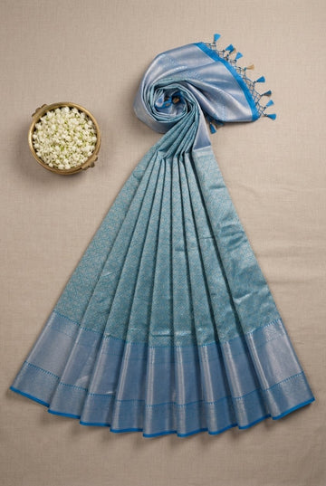 Powder Blue Kanjivaram Silk Saree With Intricate Silver Zari Work
