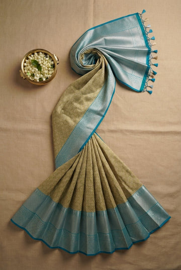 Handwoven Olive Green And Turquoise Blue Banarasi Silk Saree