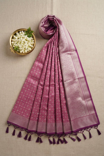Elegant Magenta Banarasi Silk Saree With Silver Zari Brocade And Paisley Border
